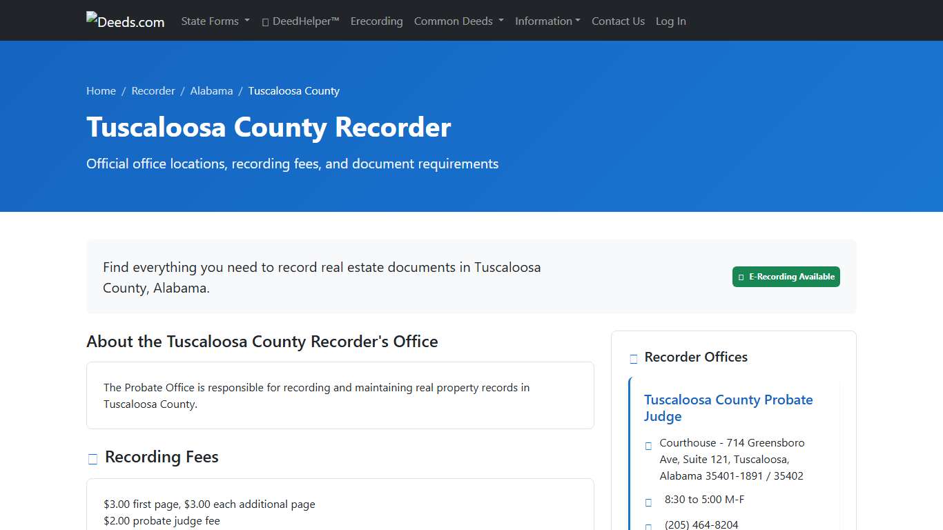 Tuscaloosa County Recorder Information, Alabama - Deeds.com
